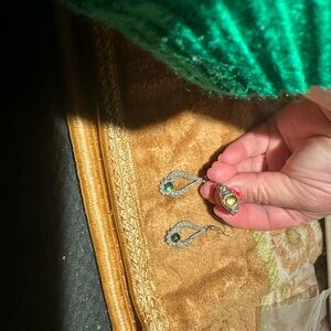 Fashion Jewelry Silver Tone Green Gem Drop Earrings and Ring